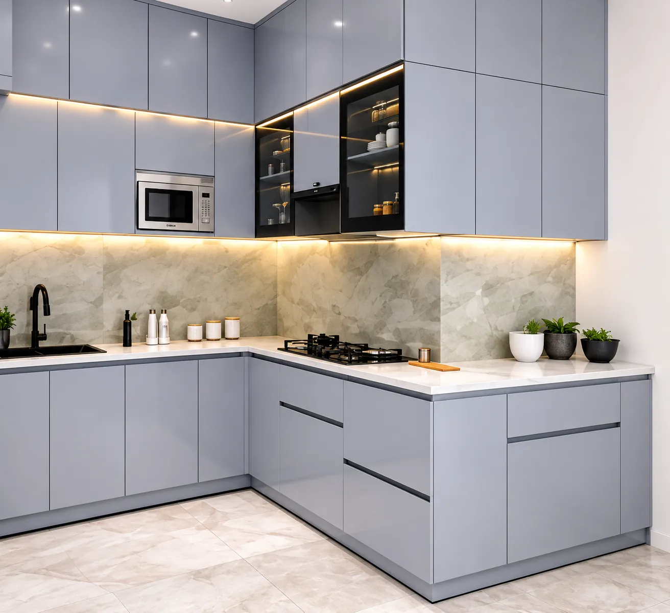 Light grey glossy aluminium modular kitchen